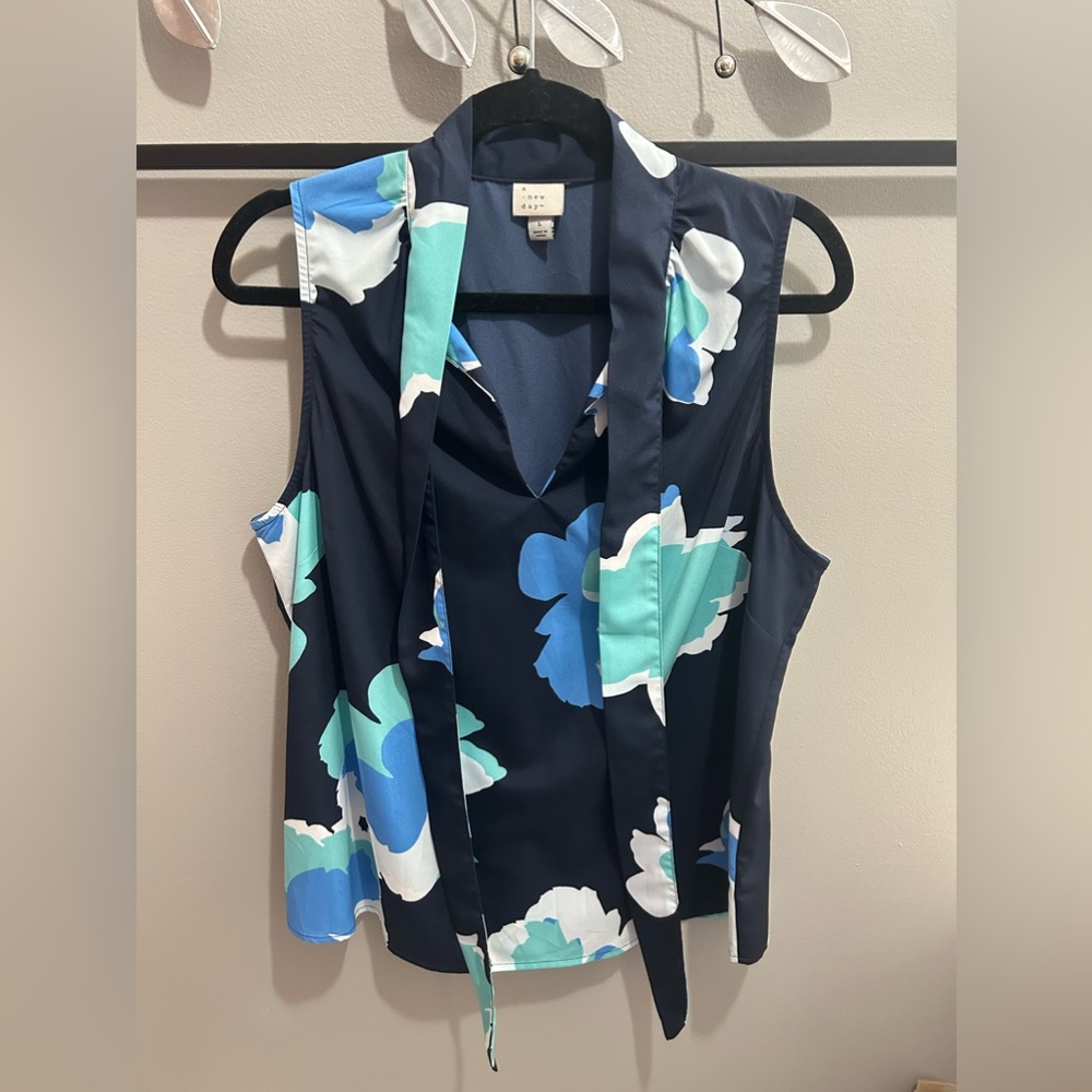 Blue Floral Top with Neck Tie